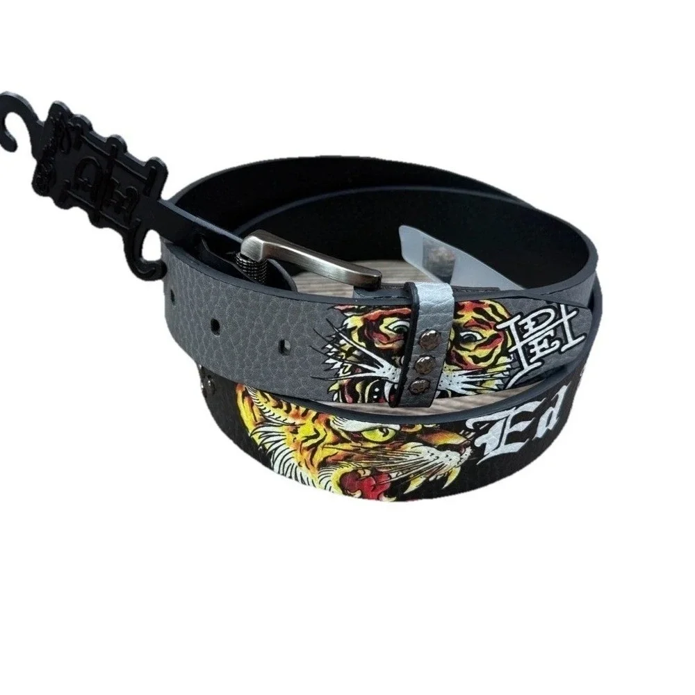 Ed Hardy Graphic Tiger Tattoo Style Design Gray Belt VB97510EHQA Size 38 NWT.